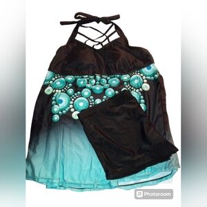 Two piece swimsuit tank style top and bot brief bottoms blues, black, and white